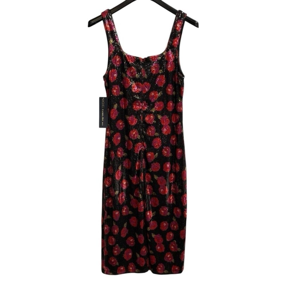 Rachel Roy Dress‎ Black Sequin Tank Midi L Red Floral Event Wedding Guest